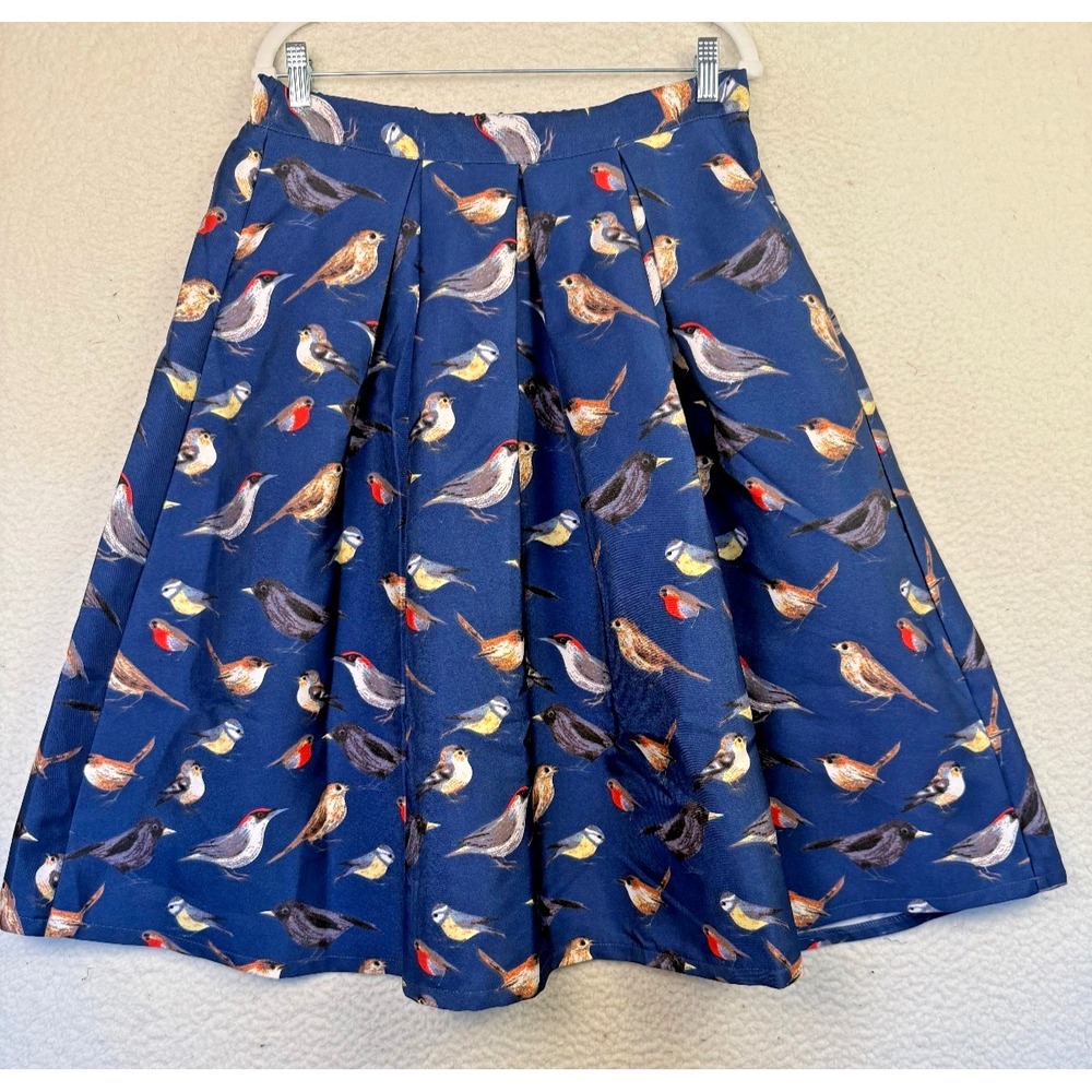 Missmay Miss May Women's XL Navy Blue Bird Print A Line Full Skirt Academia Full